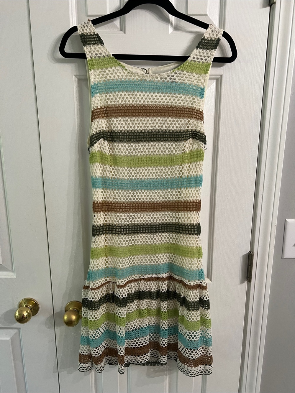 City Studio Crochet Stripe Mini Dress in Cream, Blue, Green & Brown